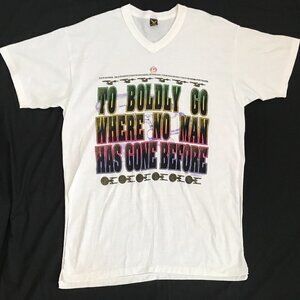 Vtg 90s Star Trek Glitter Graphic T-Shirt To Boldly Go USS Enterprise Ship 2XL